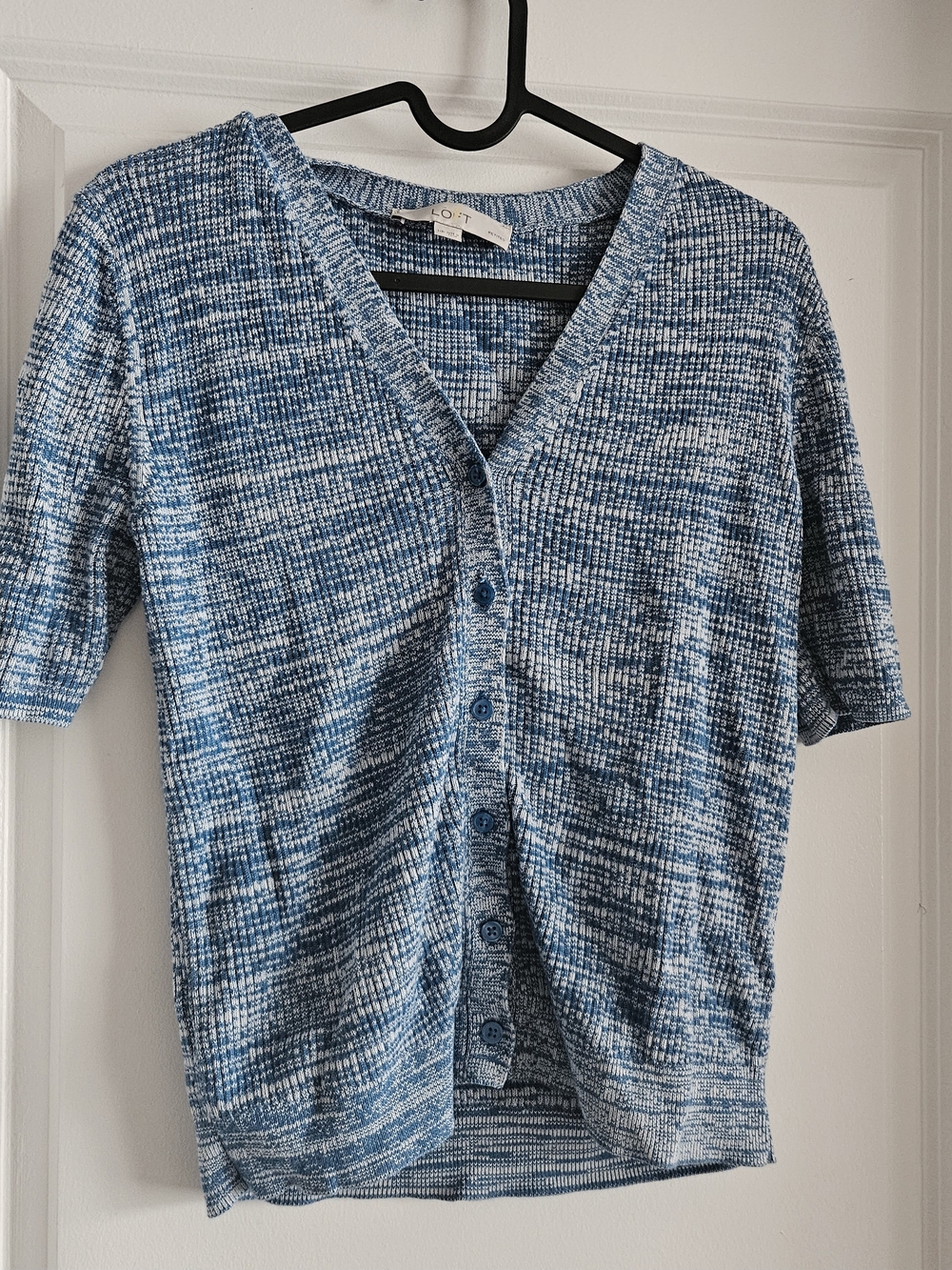 LOFT Blue Heathered Knit Button-Front Cardigan